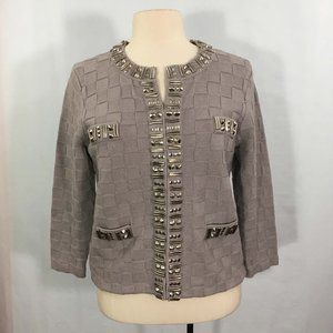 Spiegel Womens Gray Basket Weave Cardigan Sweater with Metal Detail, size L